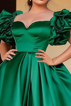 Plus Size Green A Line Satin Long Prom Dress with Puff Sleeves