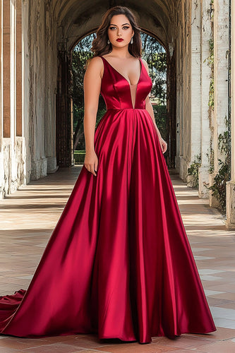 Red A Line Satin Deep V-Neck Long Prom Dress