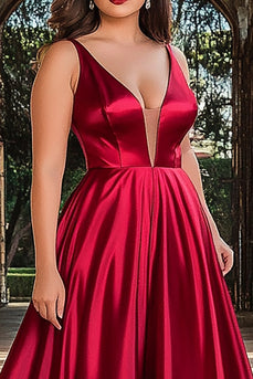 Red A Line Satin Deep V-Neck Long Prom Dress