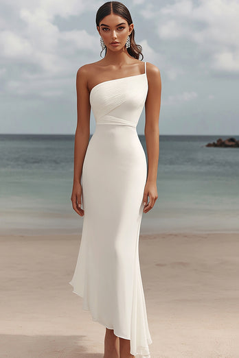 White Chiffon Sheath One Shoulder Rehearsal Dinner Dress