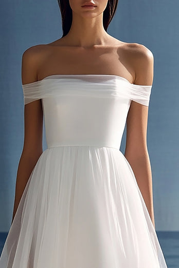 White Tulle High-Low Off the Shoulder Rehearsal Dinner Dress