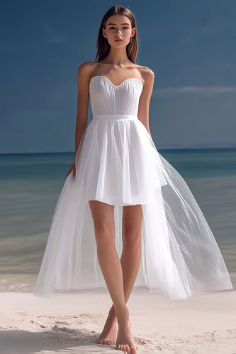 White Organza High-Low Sweetheart Rehearsal Dinner Dress