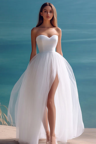 White Tulle A Line Sweetheart Long Rehearsal Dinner Dress with Slit