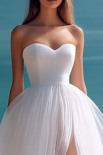 White Tulle A Line Sweetheart Long Rehearsal Dinner Dress with Slit