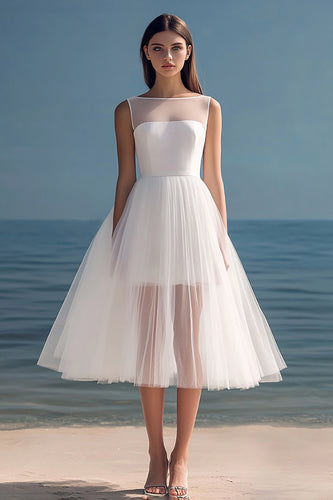 White Tulle Midi Pleated Rehearsal Dinner Dress