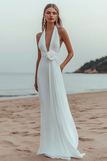 White Chiffon A Line V-Neck Rehearsal Dinner Dress