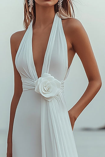 White Chiffon A Line V-Neck Rehearsal Dinner Dress