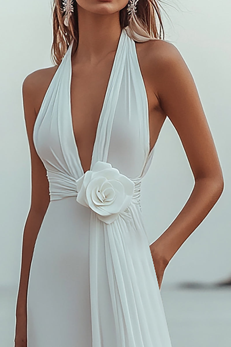 Load image into Gallery viewer, White Chiffon A Line V-Neck Rehearsal Dinner Dress