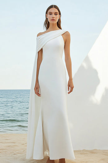 White Chiffon Sheath Asymmetrical Rehearsal Dinner Dress