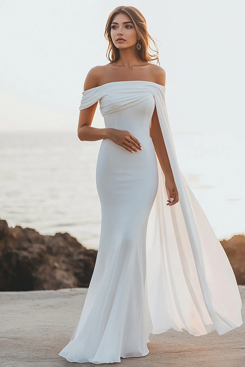 Load image into Gallery viewer, White Chiffon Mermaid Off the Shoulder Rehearsal Dinner Dress