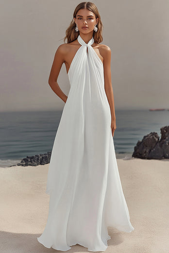 White Chiffon A Line Halter Rehearsal Dinner Dress