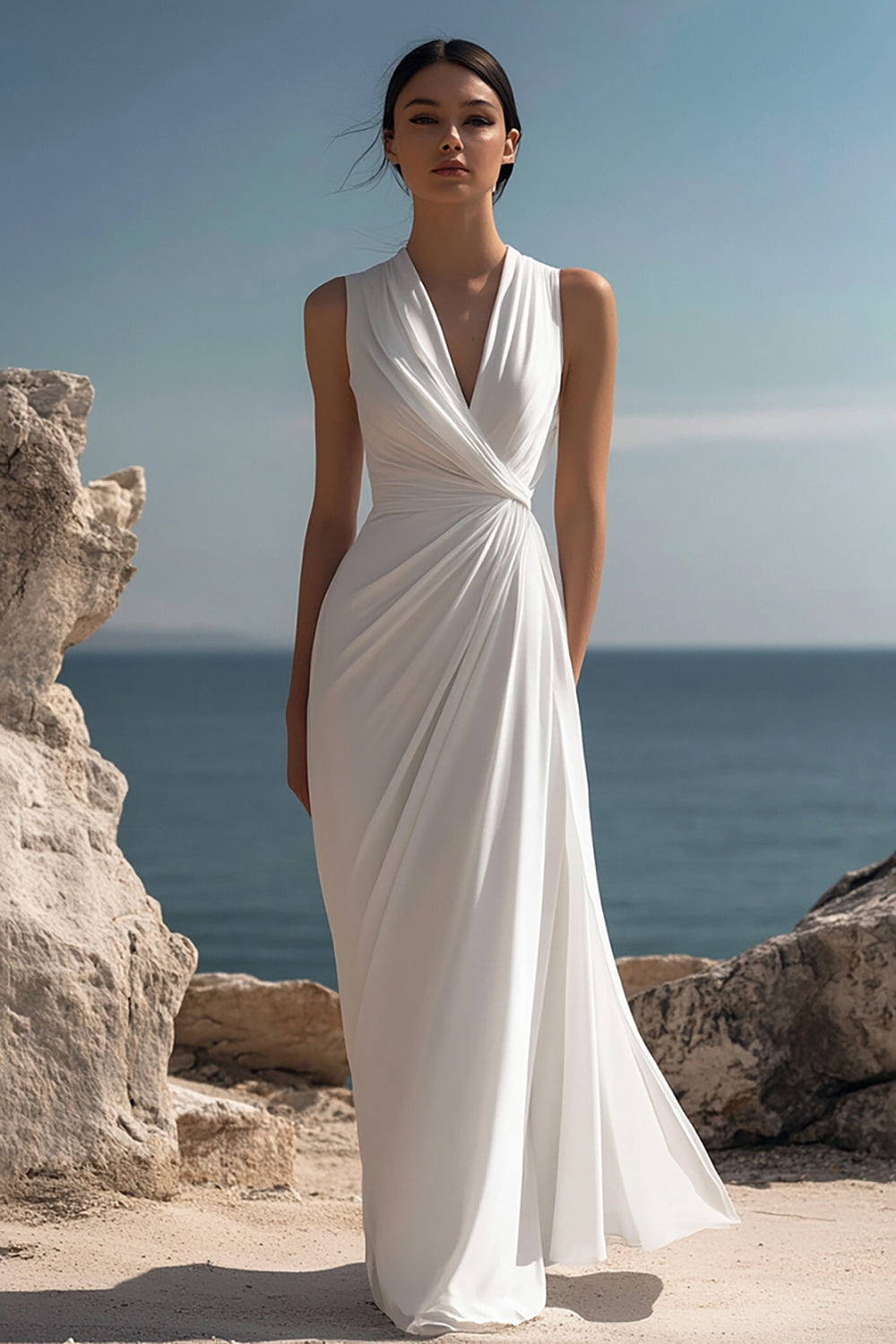 White Chiffon Sheath V-Neck Rehearsal Dinner Dress