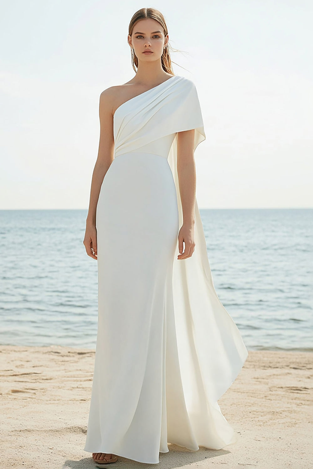 White Chiffon Sheath One Shoulder Rehearsal Dinner Dress