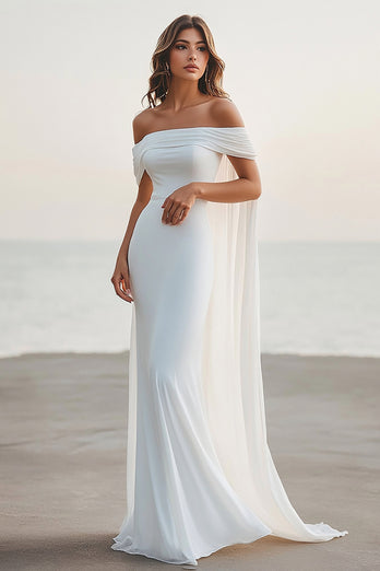 White Chiffon Sheath Off the Shoulder Rehearsal Dinner Dress