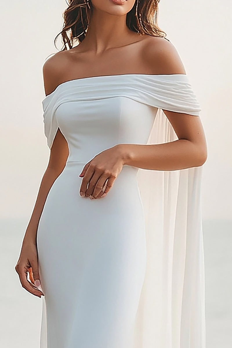 Load image into Gallery viewer, White Chiffon Sheath Off the Shoulder Rehearsal Dinner Dress