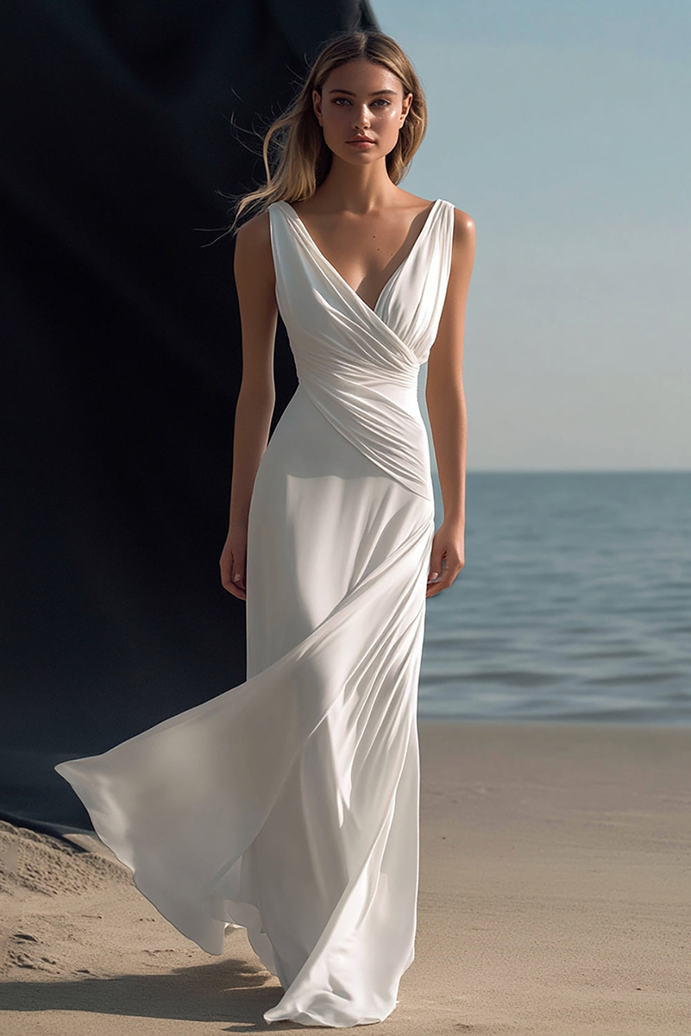 White Sheath V-Neck Chiffon Rehearsal Dinner Dress