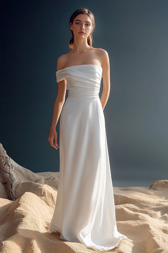 White Satin A Line One Shoulder Ruched Rehearsal Dinner Dress