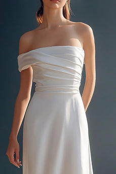 White Satin A Line One Shoulder Ruched Rehearsal Dinner Dress