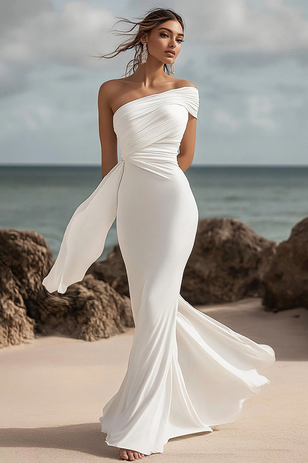 White Chiffon Mermaid One Shoulder Ruched Rehearsal Dinner Dress