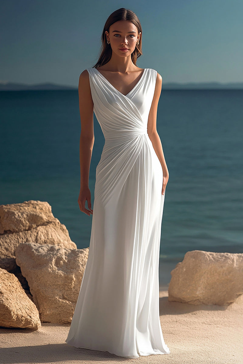 Load image into Gallery viewer, White Chiffon Sheath V-Neck Ruched Rehearsal Dinner Dress