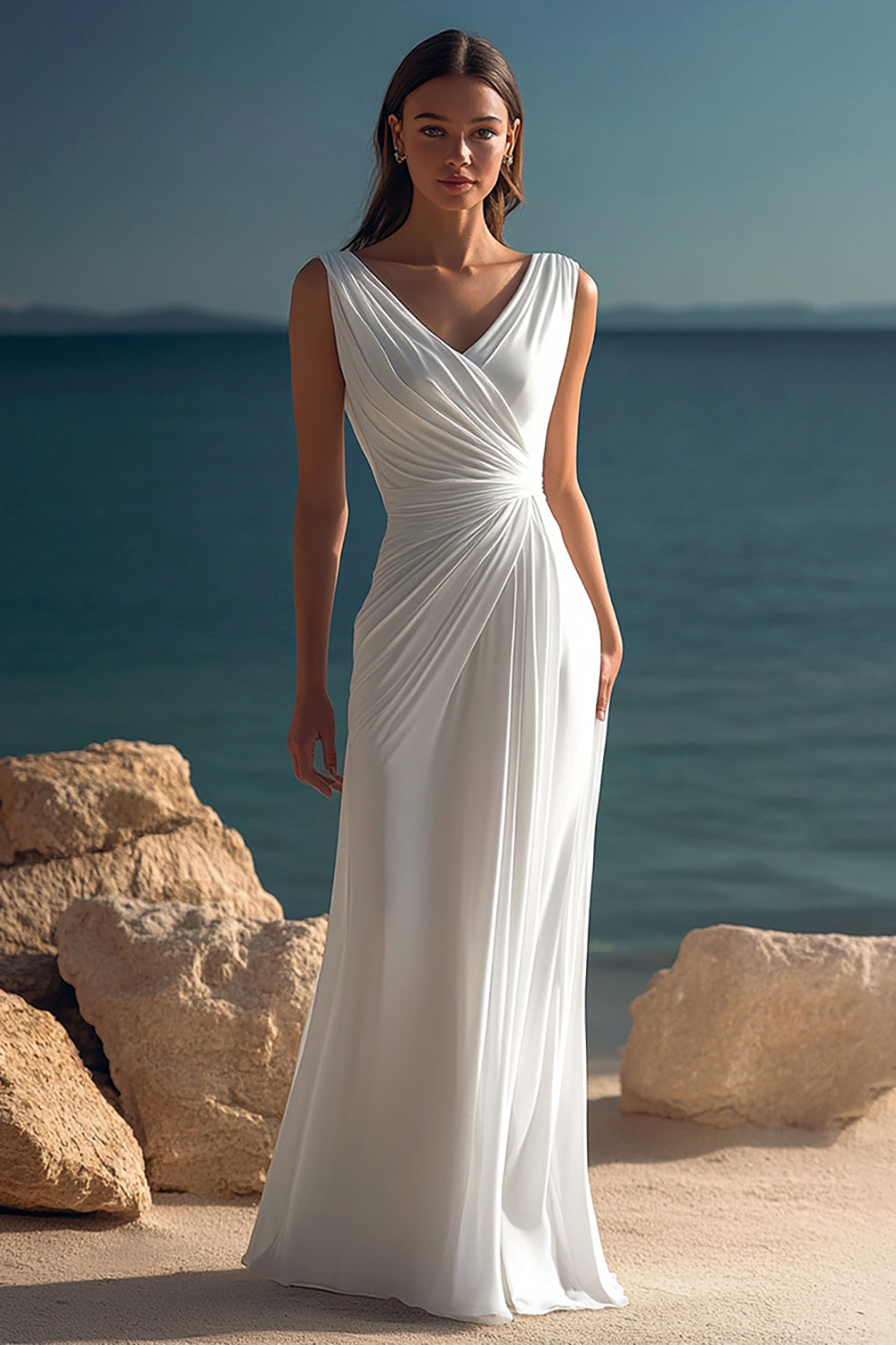 White Chiffon Sheath V-Neck Ruched Rehearsal Dinner Dress