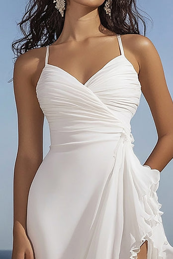 White Chiffon High-Low V-Neck Ruffled Rehearsal Dinner Dress