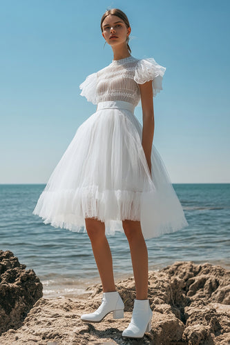 White Tulle Midi Graduation Dress with Ruffles