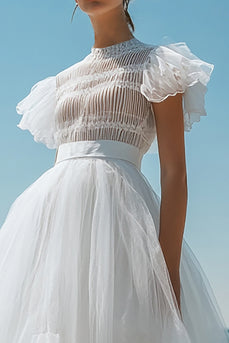 White Tulle Midi Graduation Dress with Ruffles