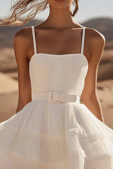 White Organza Mini Spaghetti Straps Graduation Dress