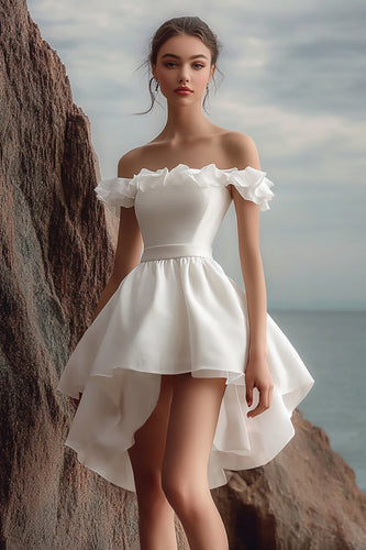 White Organza Mini Off the Shoulder Graduation Dress with Ruffles