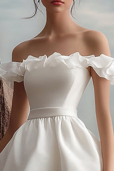 White Organza Mini Off the Shoulder Graduation Dress with Ruffles