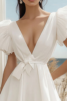 White Chiffon Mini V-Neck Ruffled Graduation Dress