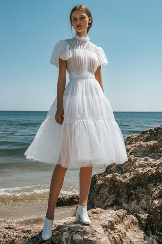 White Tulle Midi Pleated Graduation Dress with Ruffles