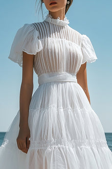 White Tulle Midi Pleated Graduation Dress with Ruffles