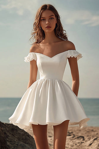 White Satin Midi Off the Shoulder Graduation Dress