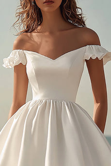 White Satin Midi Off the Shoulder Graduation Dress