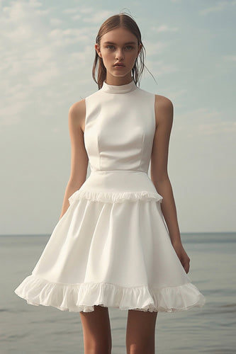 White Satin Mini Sleeveless Graduation Dress with Ruffles