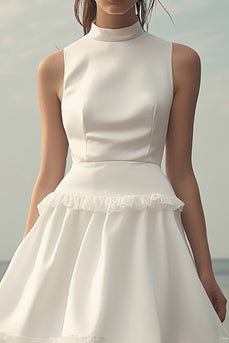 White Satin Mini Sleeveless Graduation Dress with Ruffles