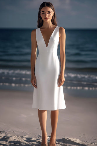 White Satin Sheath V-Neck Graduation Dress