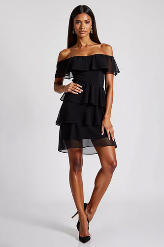 Tiered Chiffon Off the Shoulder Little Black Dress