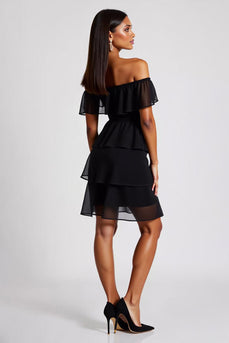 Tiered Chiffon Off the Shoulder Little Black Dress