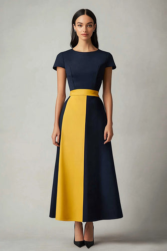 Navy Patchwork Boat Neck Ankle-Length Cocktail Dress with Sleeves