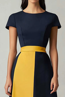 Navy Patchwork Boat Neck Ankle-Length Cocktail Dress with Sleeves