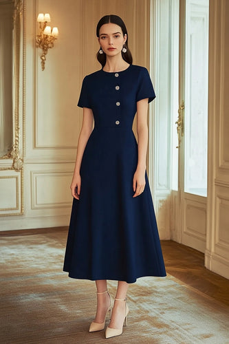 Navy A Line Mid-Calf Semi Formal Dress with Sleeves