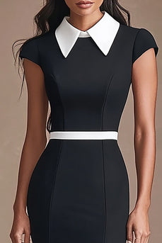 Black White Bodycon Knee-Length Patchwork Cocktail Dress with Cap Sleeves