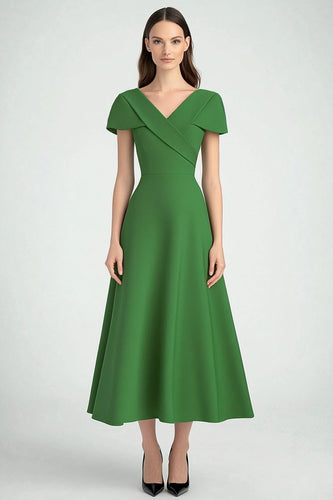 Green V-Neck A Line Ankle-Length Semi-Formal Dress with Sleeves