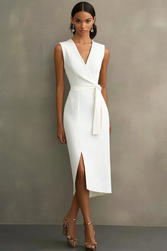 White Bodycon V-Neck Mid-Calf Semi Formal Dress with Slit