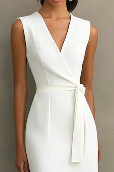 White Bodycon V-Neck Mid-Calf Semi Formal Dress with Slit