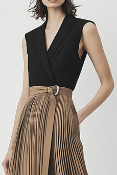 Light Brown Pleated Sleeveless Patchwork Ankle-Length Cocktail Dress