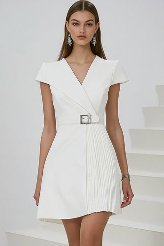 White Pleated A Line Short Semi Formal Dress with Cap Sleeves